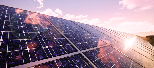 Colorful panoramic landscape: solar power plants.  ( 3D rendering computer digitally generated illustration.) © Drawbot