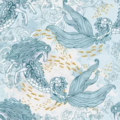 Wallpaper murals Sea waves Artistic sea ocean creatures background in monochrome colors