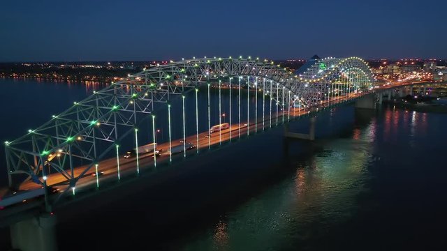 Aerial of the Memphis Hernando de Soto Bridge at Dusk toward Downtown