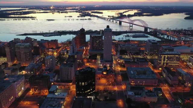 Aerial of Downtown Memphis towards the Mississippi River at Dusk