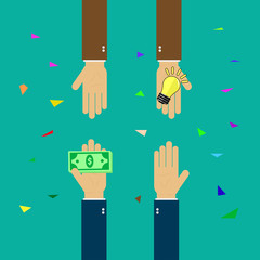Buy ideas, idea trading for money, succeed in business, hand holds money, hand holds light bulb,