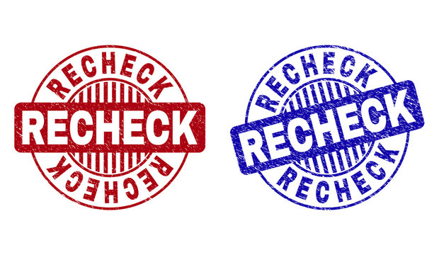 Grunge RECHECK round stamp seals isolated on a white background. Round seals with distress texture in red and blue colors. Vector rubber imprint of RECHECK label inside circle form with stripes.