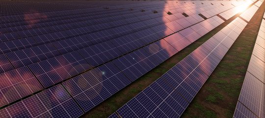 Colorful panoramic aerial view landscape: solar power plants.  ( 3D rendering computer digitally generated illustration.)