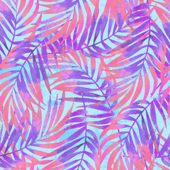 Watercolour gradient palm leaves painting on grunge textured background