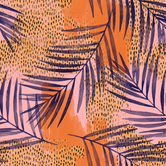 Aquarellpalmenblätter auf rauen Grunge-Texturen, Kritzeleien, Kritzelhintergrund