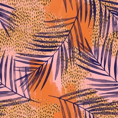 Foto op Canvas Water kleur palmbladeren op ruwe grunge texturen, doodles, krabbels achtergrond © Tanya Syrytsyna