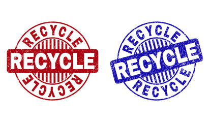 Grunge RECYCLE round stamp seals isolated on a white background. Round seals with grunge texture in red and blue colors. Vector rubber watermark of RECYCLE label inside circle form with stripes.