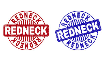 Grunge REDNECK round stamp seals isolated on a white background. Round seals with grunge texture in red and blue colors. Vector rubber watermark of REDNECK text inside circle form with stripes. - obrazy, fototapety, plakaty