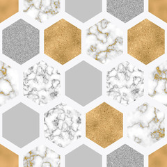 Modèle sans couture hexagonale avec papier de marbre numérique, feuille d& 39 or brillante, texture de paillettes d& 39 argent