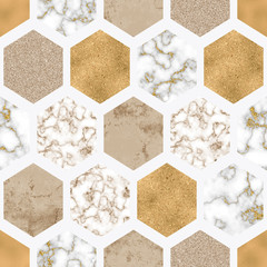 Motif harmonieux d& 39 hexagone avec papier marbré numérique, feuille d& 39 or brillant, texture de paillettes d& 39 argent