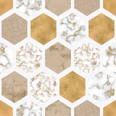 Behang Hexagon Zeshoek naadloos patroon met digitaal marmerpapier, glanzende bladgoud, zilveren glittertextuur