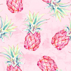 Watercolor pink pineapples on grunge background