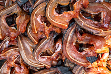 Pile of dried snakehead fish displayed at a local market.