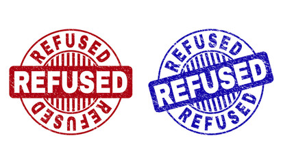 Grunge REFUSED round stamp seals isolated on a white background. Round seals with grunge texture in red and blue colors. Vector rubber overlay of REFUSED tag inside circle form with stripes.