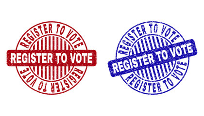 Grunge REGISTER TO VOTE round stamp seals isolated on a white background. Round seals with grunge texture in red and blue colors.