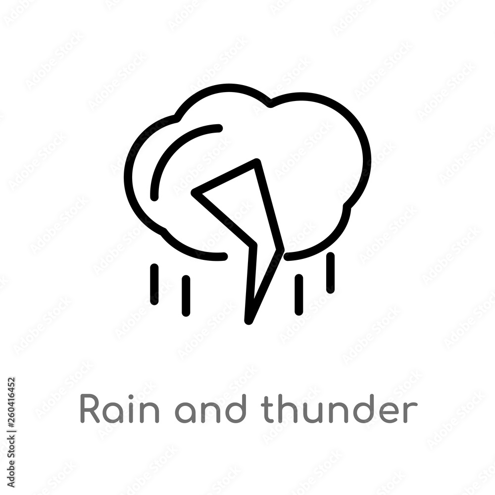 Poster outline rain and thunder vector icon. isolated black simple line element illustration from meteorolo