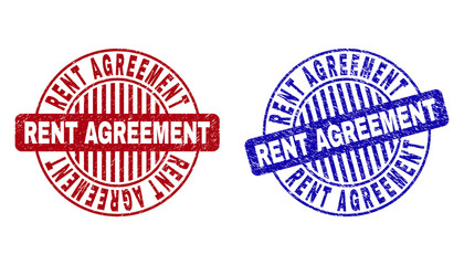 Grunge RENT AGREEMENT round stamp seals isolated on a white background. Round seals with grunge texture in red and blue colors.