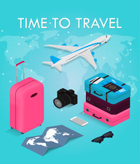 Travel concept in isometric style Time to travel. Passport, tickets, bags and airplane. Travel equipment. Vector illustration