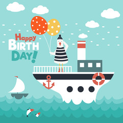 Funny sea gull on ship with balloons. Happy birthday vector illustration