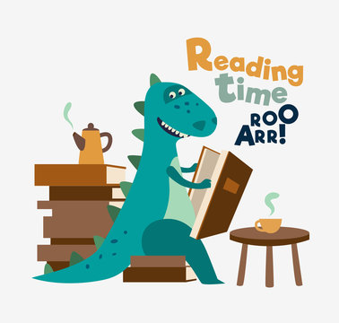 Cute dinosaur reads a book. Funny tyrannosaur drinking tea on the table