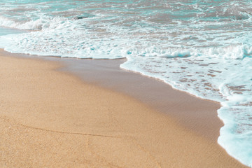 Tropical nature clean beach and white sand in summer with sun light blue sky and bokeh background.