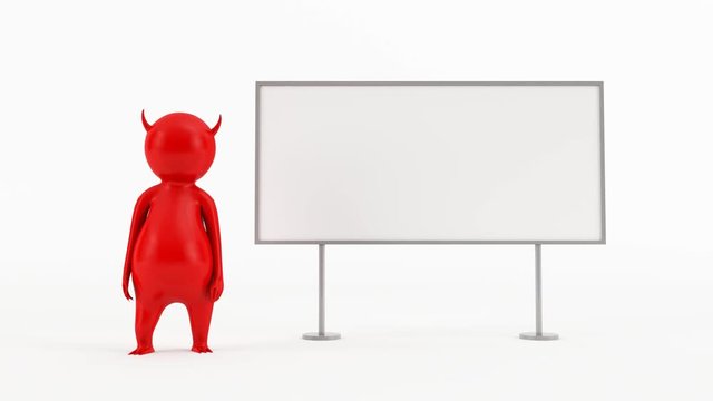 3D character animation - Little Red Devil pointing at a white blank board
