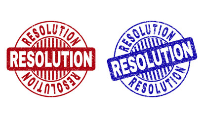 Grunge RESOLUTION round stamp seals isolated on a white background. Round seals with grunge texture in red and blue colors. Vector rubber overlay of RESOLUTION label inside circle form with stripes.