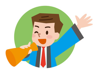 ハッピを着た男性販売員　メガホン