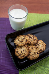 Delicious chocolate chip cookies with glass of milk