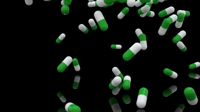 green white pills fall on the black background, 3d animation
