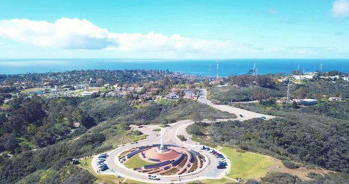 Beautiful Drone View of Mt. Soledad Cross in La Jolla, California. Smooth, 4K HD Aerial. Mount Soledad Veterans Memorial near Mission Bay, Mission Beach, North PB.