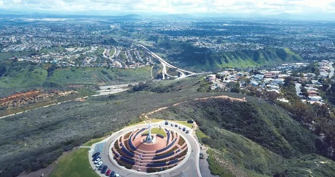 Beautiful Drone View of Mt. Soledad Cross in La Jolla, California. Smooth, 4K HD Aerial. Mount Soledad Veterans Memorial near Mission Bay, Mission Beach, North PB.