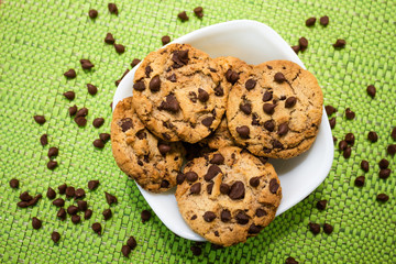 Cookies with chocolate chips on white plate