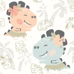 Dinosaur baby cute seamless pattern. Sweet dino dancing Hawaiian dance on beach print.