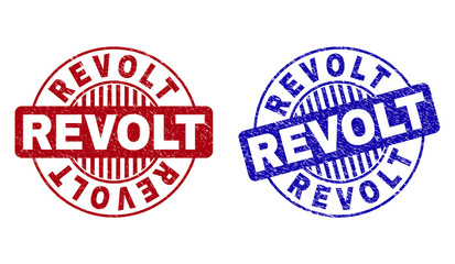 Grunge REVOLT round stamp seals isolated on a white background. Round seals with distress texture in red and blue colors. Vector rubber imprint of REVOLT title inside circle form with stripes.