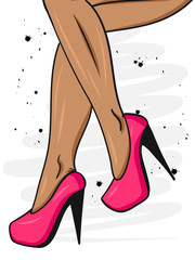 Sexy woman’s legs with elegant pink high heels. Fashion vector illustration. Ideal for T-Shirts, posters, cards.