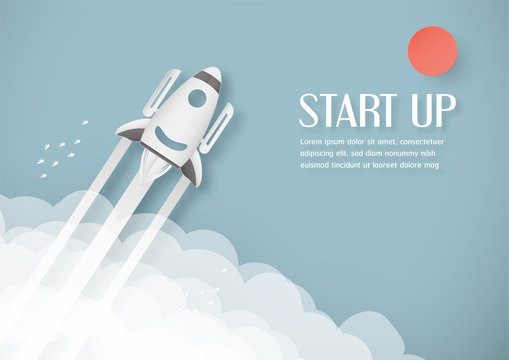 Vector illustration with start up concept in paper cut, craft and origami style. Rocket is flying on blue sky. Template design for web banner, poster, cover, advertisement. 3D art craft for kids.