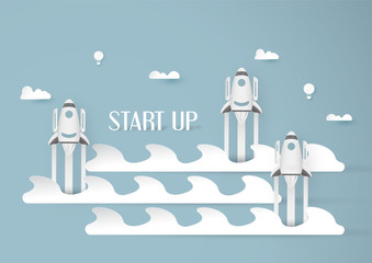 Vector illustration with start up concept in paper cut, craft and origami style. Rocket is flying on blue sky. Template design for web banner, poster, cover, advertisement. 3D art craft for kids.