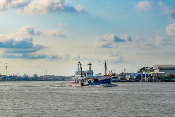 Fototapeta premium Amazing view of fishing ships in Samut Sakhon Province , Thailand