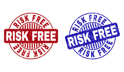 Grunge RISK FREE round stamp seals isolated on a white background. Round seals with grunge texture in red and blue colors. Vector rubber watermark of RISK FREE caption inside circle form with stripes.