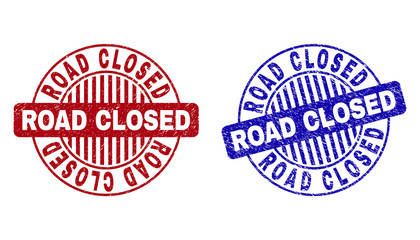 Grunge ROAD CLOSED round stamp seals isolated on a white background. Round seals with grunge texture in red and blue colors. Vector rubber overlay of ROAD CLOSED tag inside circle form with stripes.