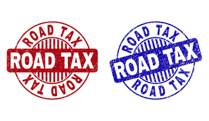 Grunge ROAD TAX round stamp seals isolated on a white background. Round seals with grunge texture in red and blue colors. Vector rubber watermark of ROAD TAX tag inside circle form with stripes.