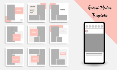 Nine Set editable square abstract geometric banner template for social media post and cover. Minimalist design background in soft orange pastel peach color. Vector illustration