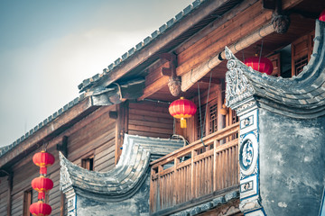 Chinese Red Lantern decorated on traditional old house.