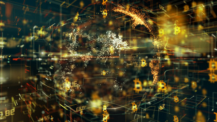 Bitcoin (BTC) Blockchain encryption crypto currency financial money records 3D render