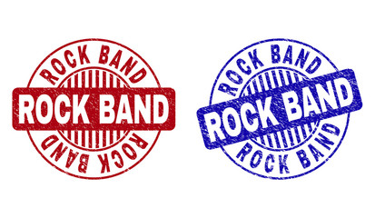 Grunge ROCK BAND round stamp seals isolated on a white background. Round seals with distress texture in red and blue colors. Vector rubber watermark of ROCK BAND title inside circle form with stripes.