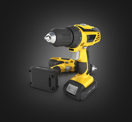 Cordless screwdriver with a drill isolated on balck gradient background 3d