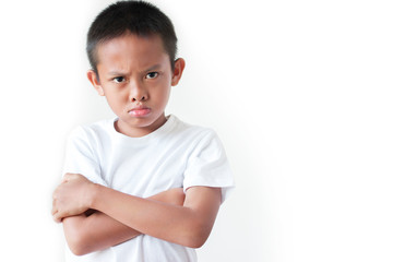 Angry little asian boy isolated on white background.