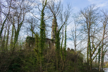 Old church ruin on an island in the lake