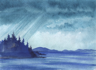 Dark silhouette of island with a fir forest. Lake or sea. Sky is covered with clouds, with oblique streams of rain. In the distance is a mountain range. Hand-drawn watercolor illustration - background
